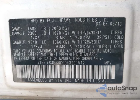 2014 Subaru Outback 2.5I Premium from USA, damaged, VIN 4S4BRBCC9E3201512